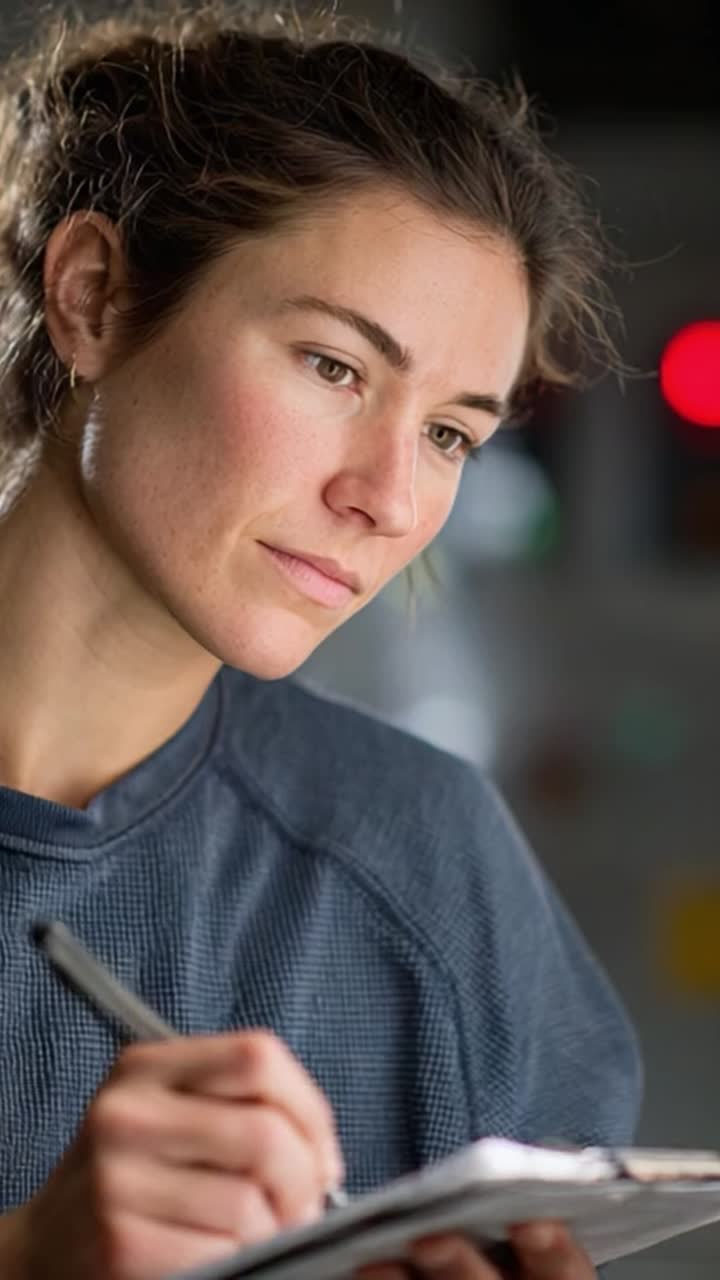 Focused Woman Writing in Notepad with Pen in Hand in an Engaging Environment, Capturing the Essence of Concentration and Creative Thought in Action