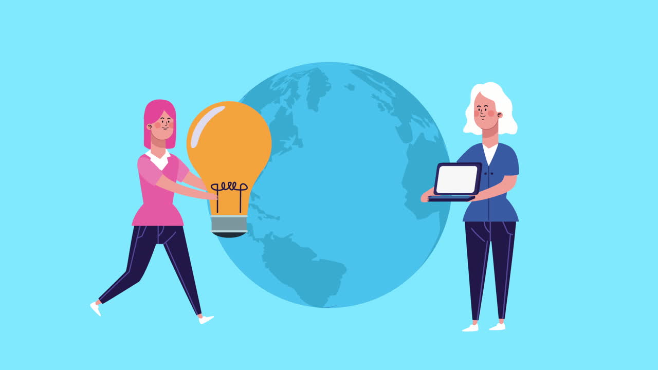 businesswomen with bulb and laptop characters animated