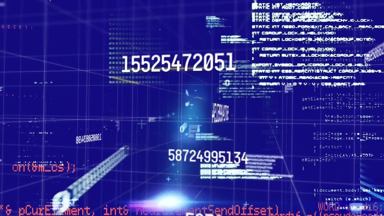 Animation of numbers changing and data processing over grid on blue background