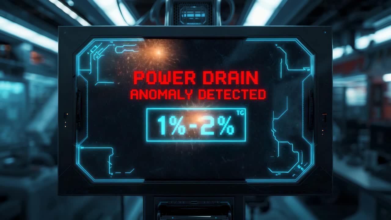 Detecting anomaly, screen ramping UI glow and emitting sparks in control room, showing POWER DRAIN