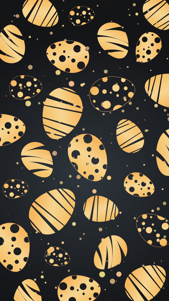 Golden Easter eggs with patterns on a black background. Looped spring animation screensaver. Greeting card. Copy space. Vertical video.