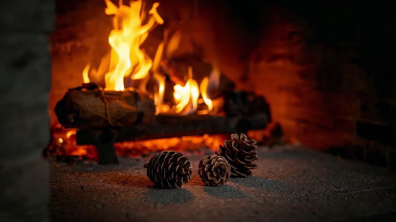 Burning log glowing on grate, casting flicker over three pinecones on hearth for heat