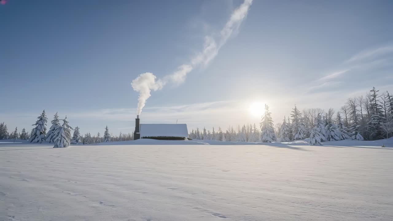 Emitting smoke, small cabin sending plume drifting over snowfield as wind blowing, signaling warmth