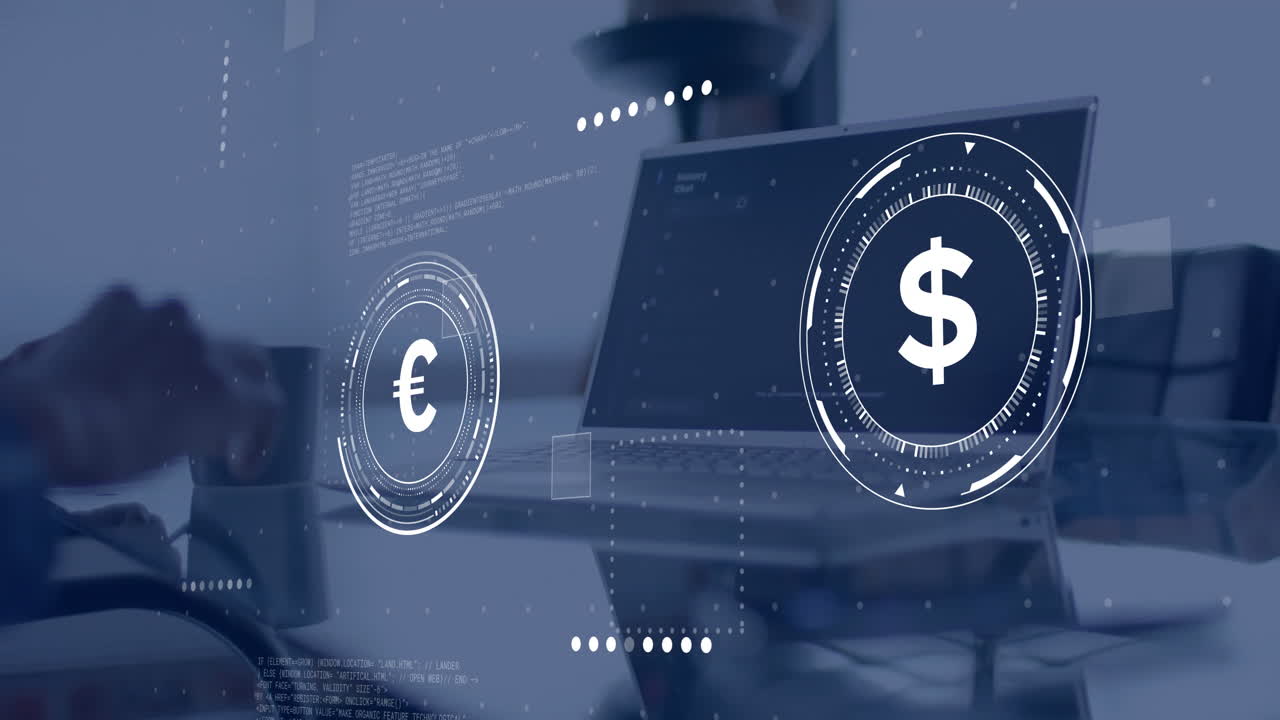 컴퓨터를 사용하는 아프리카계 미국인 사업가에 대한 데이터 프로세싱으로 통화 기호의 애니메이션