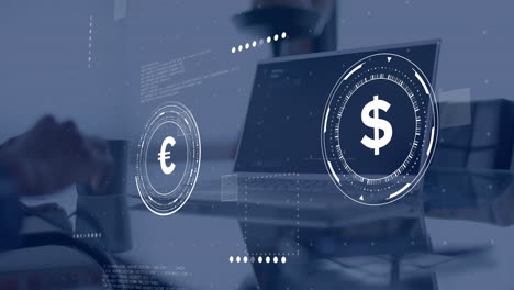 animation of currency symbols with data processing over african american businessman using laptop