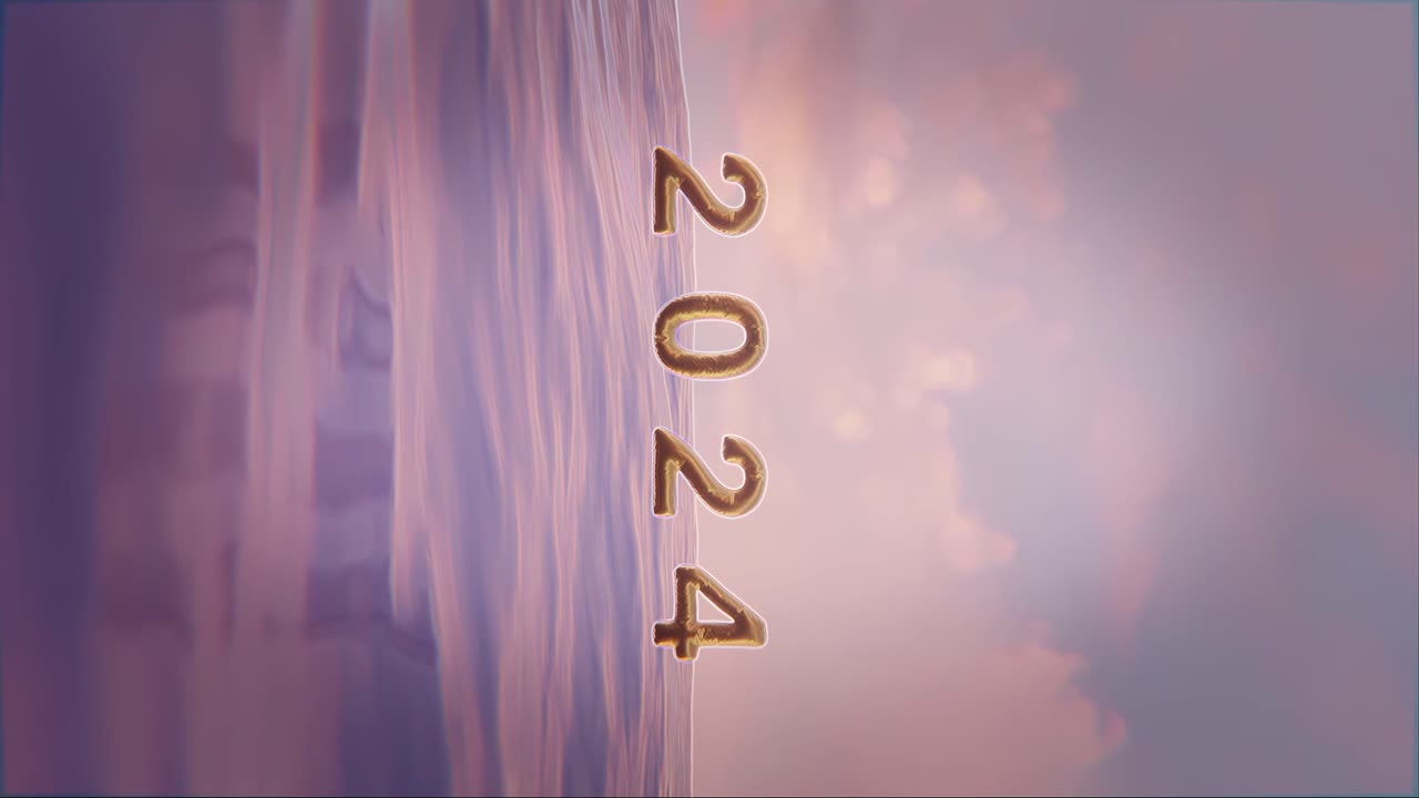 vertical de saludos feliz año nuevo 2024 con paisaje pintoresco puesta de sol sobre el océano tranquilo paisaje marítimo