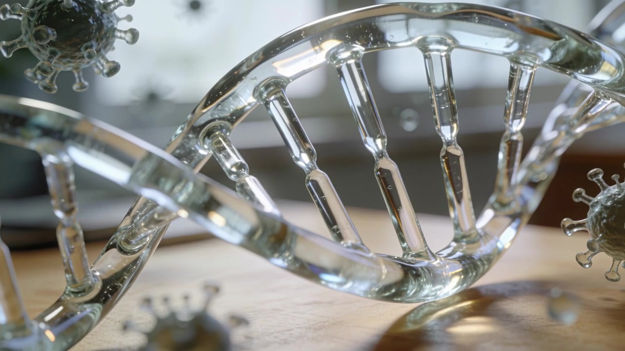 Racking camera focus on glass DNA helix on wooden table, highlighting rungs and virus models