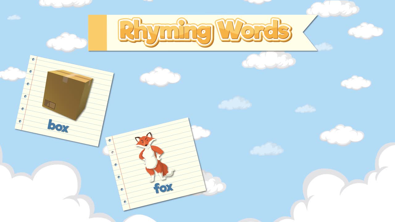 Animated educational graphics display rhyming words on paper notes against a blue sky background