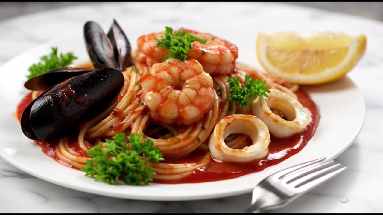Deliziosa pasta ai frutti di mare con gamberi, cozze e calamari al sugo di pomodoro