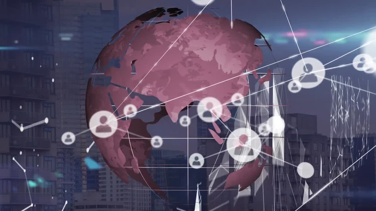 도시 풍경 위의 아이콘과 글로브로 연결된 네트워크의 애니메이션