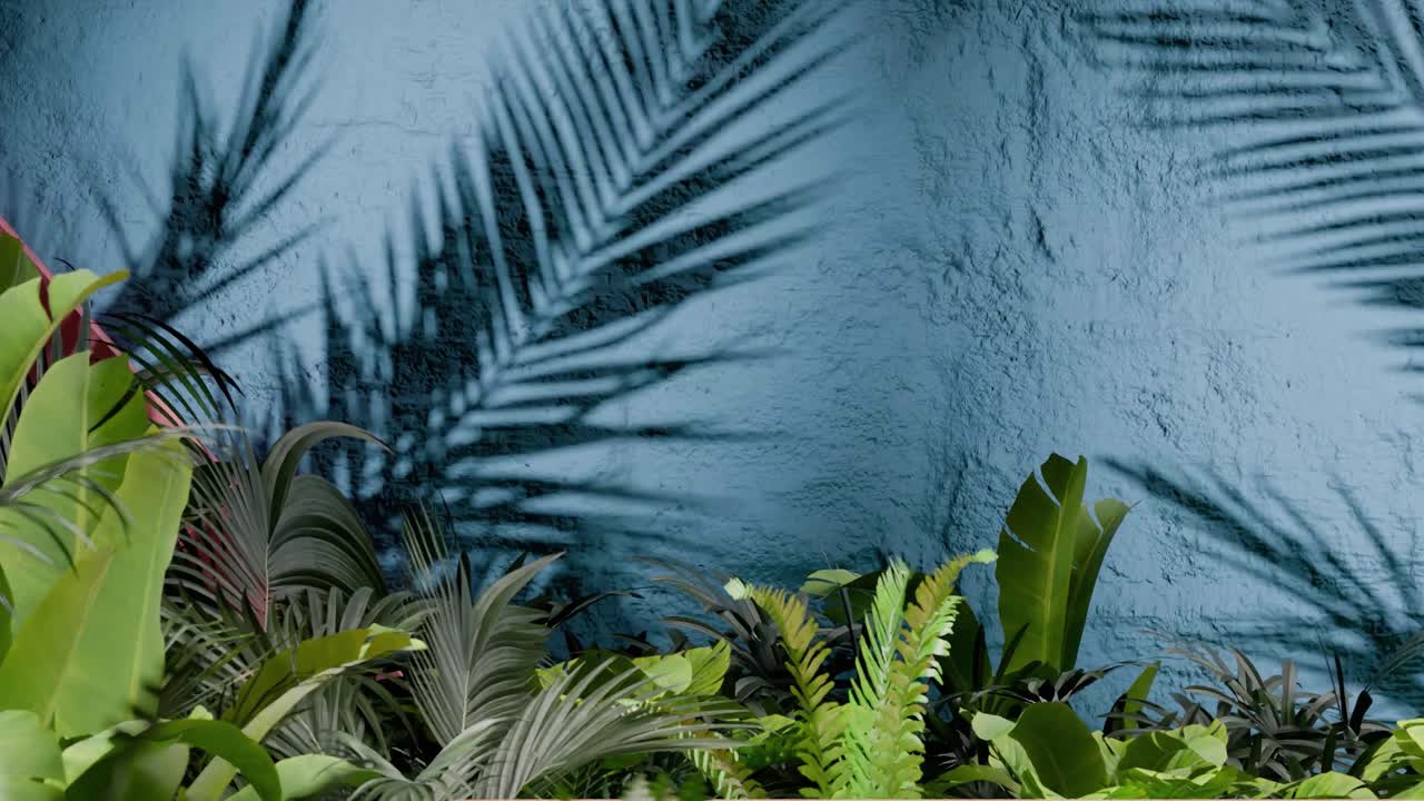 Tropical green plants casting palm leaf shadows on textured blue wall. Botanical outdoor photography. Nature, foliage, and tropical garden design concept. Design for wallpaper, banner