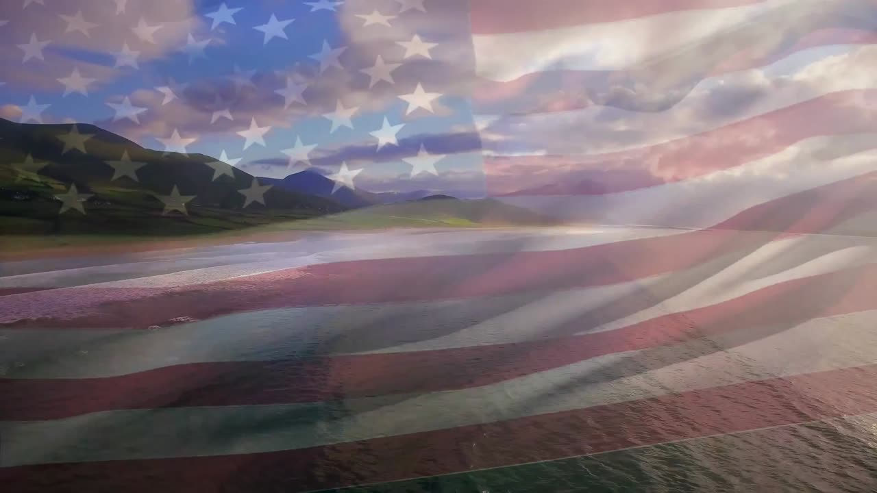 Animation du drapeau des États-Unis flottant au-dessus d'un paysage de plage.