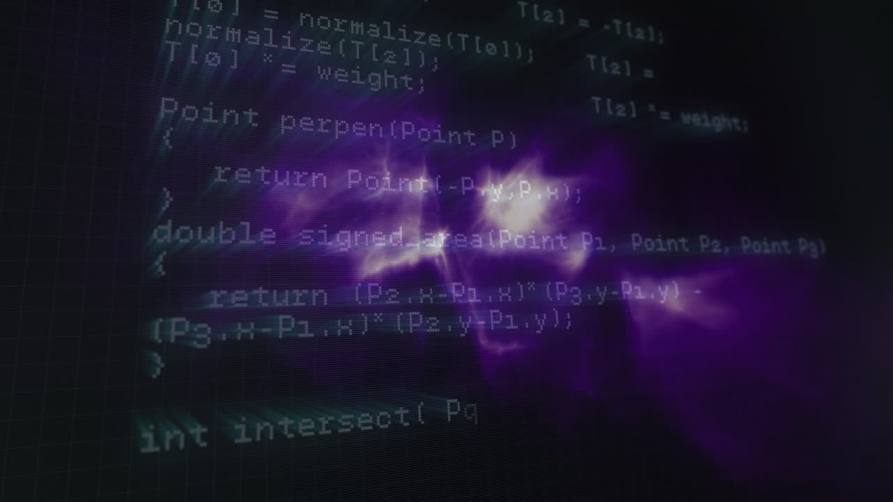 Animation of data processing over violet and black background