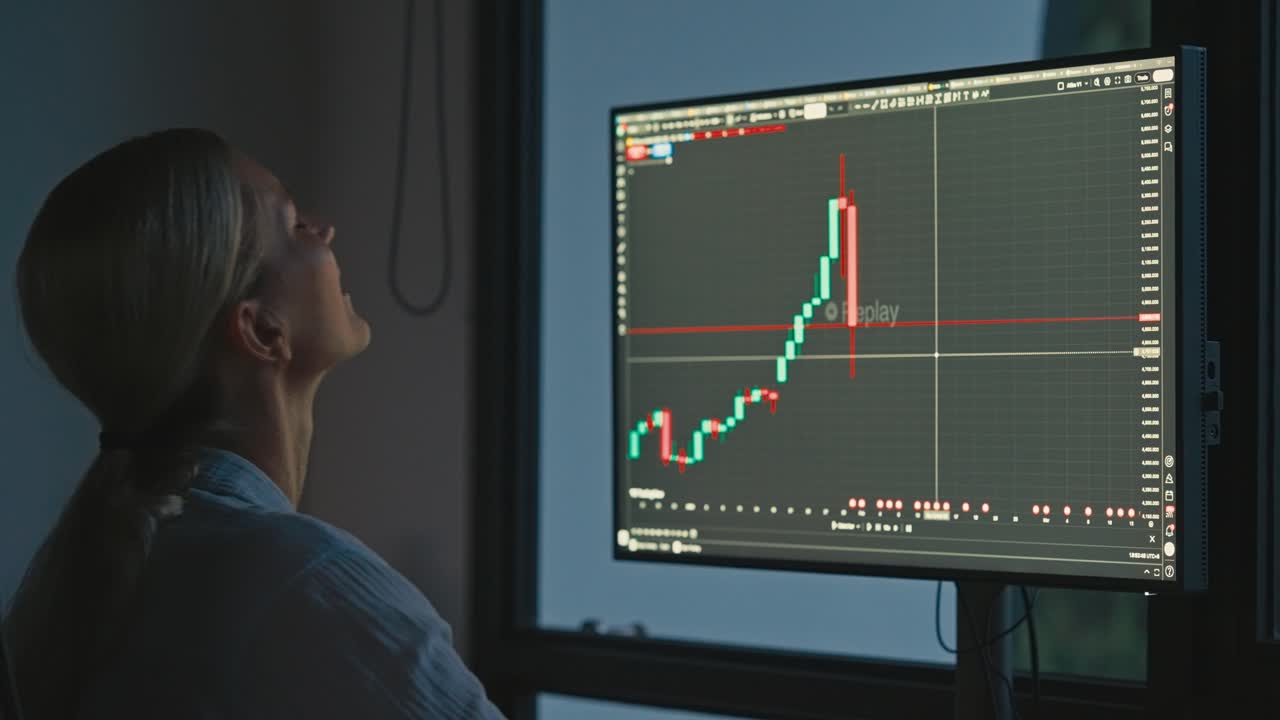 Caucasian female trader stares at trading screen in shock and disappointment with hands on head in disbelief after a huge red candlestick appears