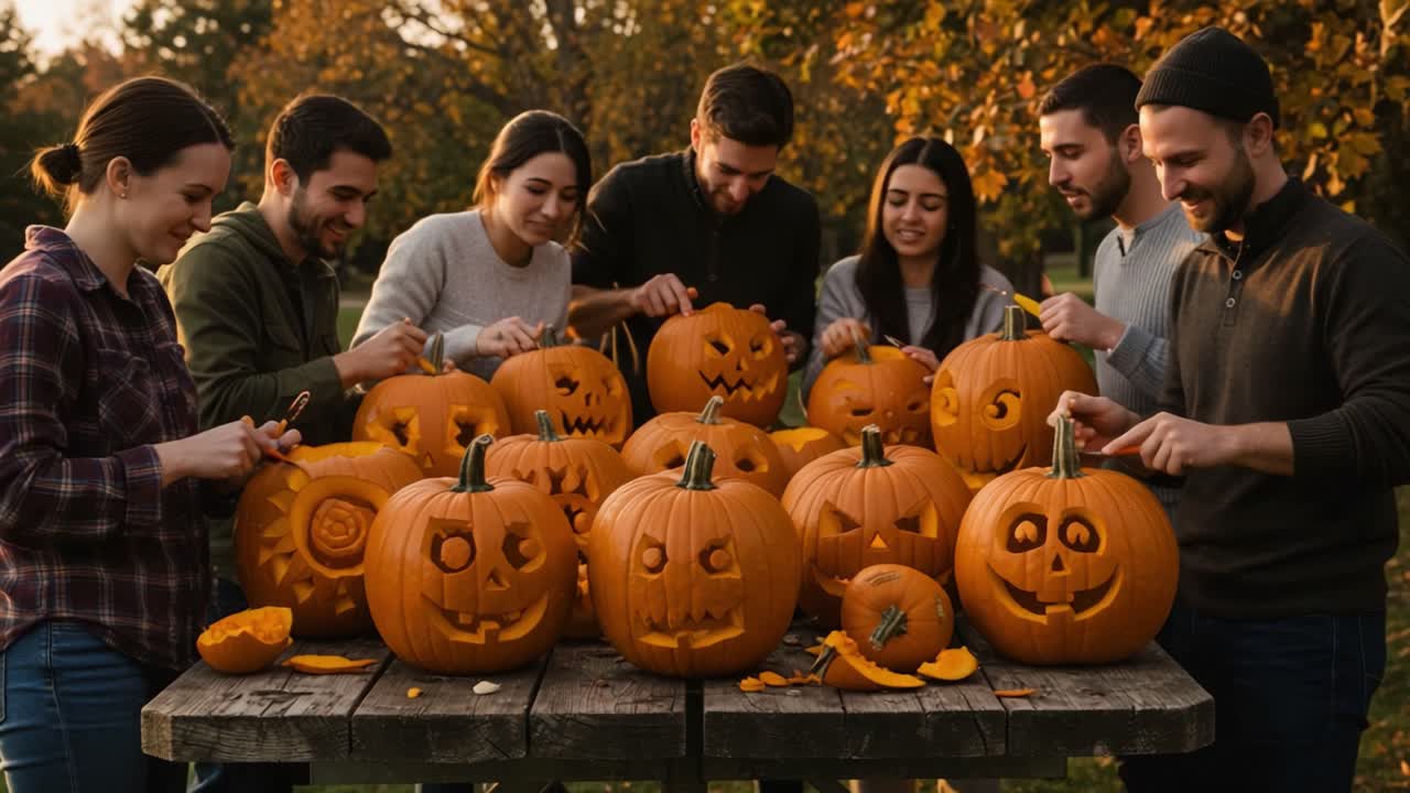 Friends Carving Pumpkins for Halloween Outdoors in Autumn