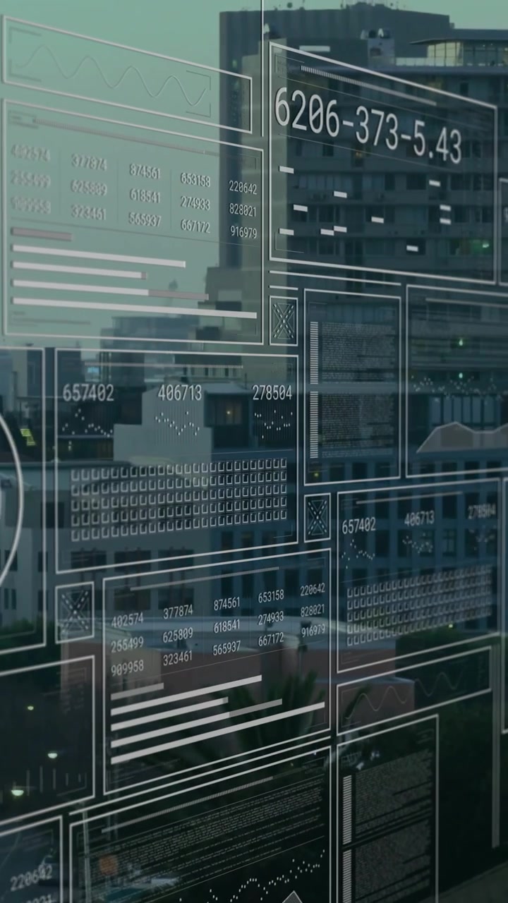 Animation of financial data processing over cityscape