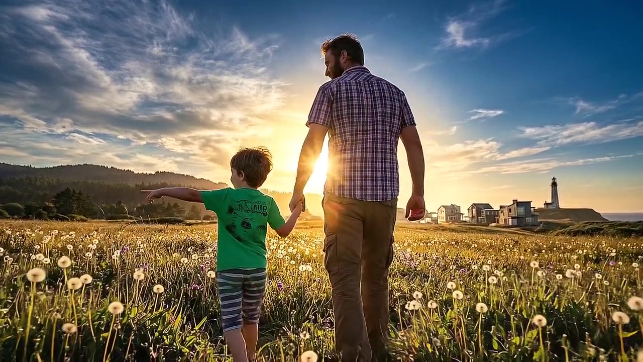 Padre e figlio che si abbracciano in un paesaggio rurale suggestivo al tramonto