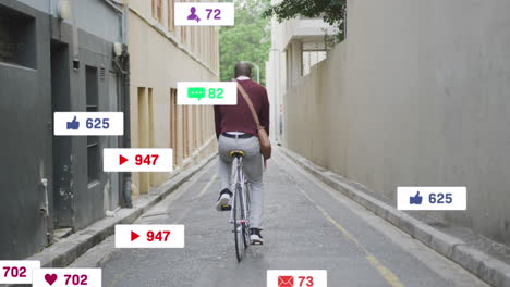 animation of social media text and icons over caucasian man riding bike in city