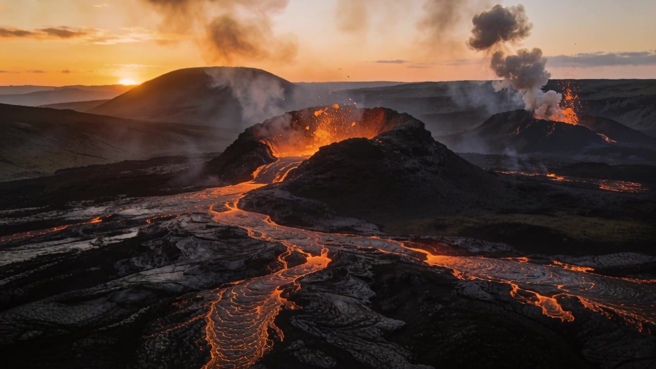Erupting main volcano cone sending hot lava across basalt at sunset, right vent opening ash plume