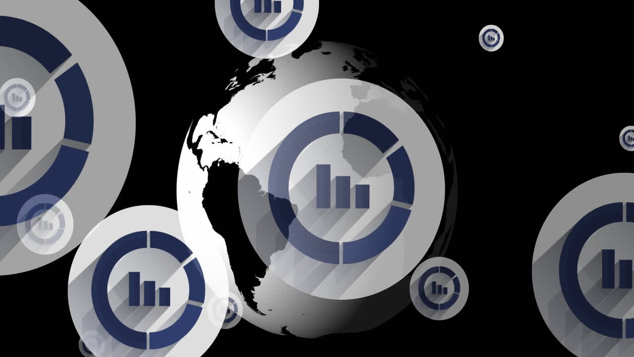 animación de iconos con estadísticas y procesamiento de datos en todo el mundo