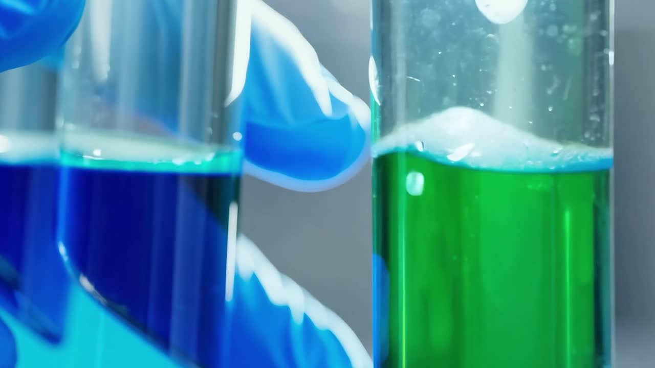 실험실 환경에서 녹색 액체로 가득 찬 시험관의 근접.