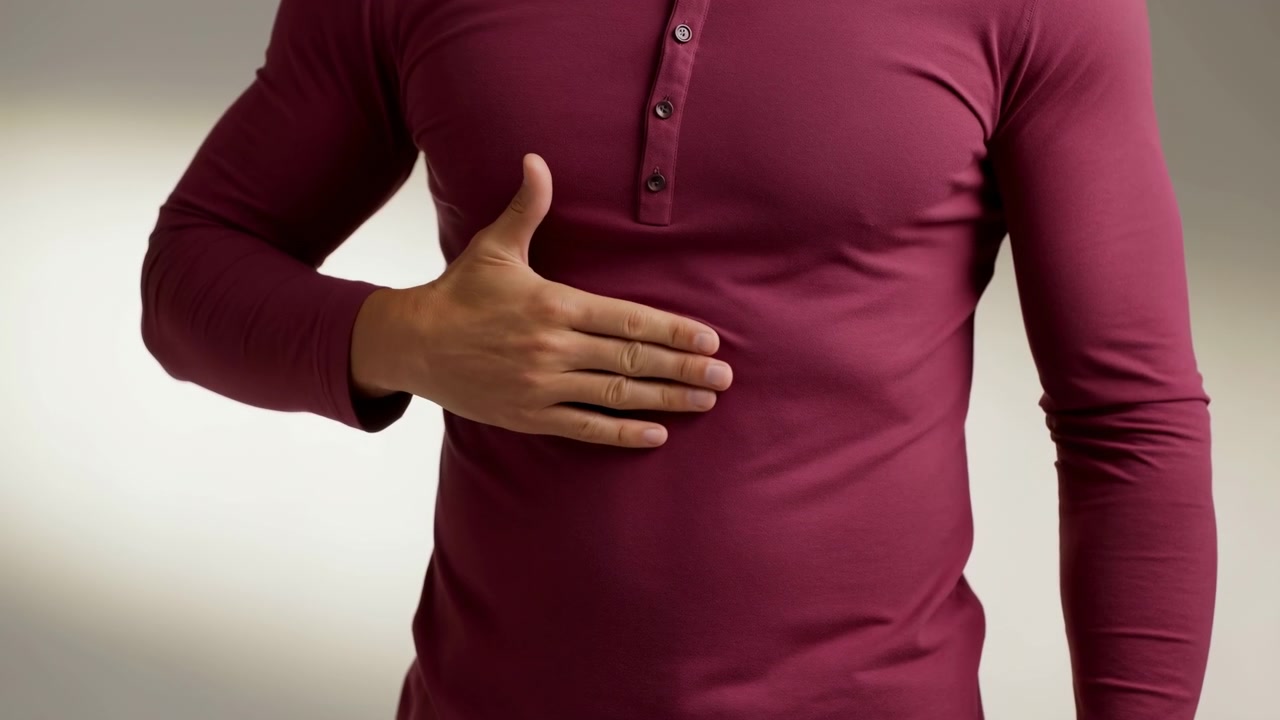 Mid-sequence male torso in burgundy henley with hand on upper abdomen conveying pause
