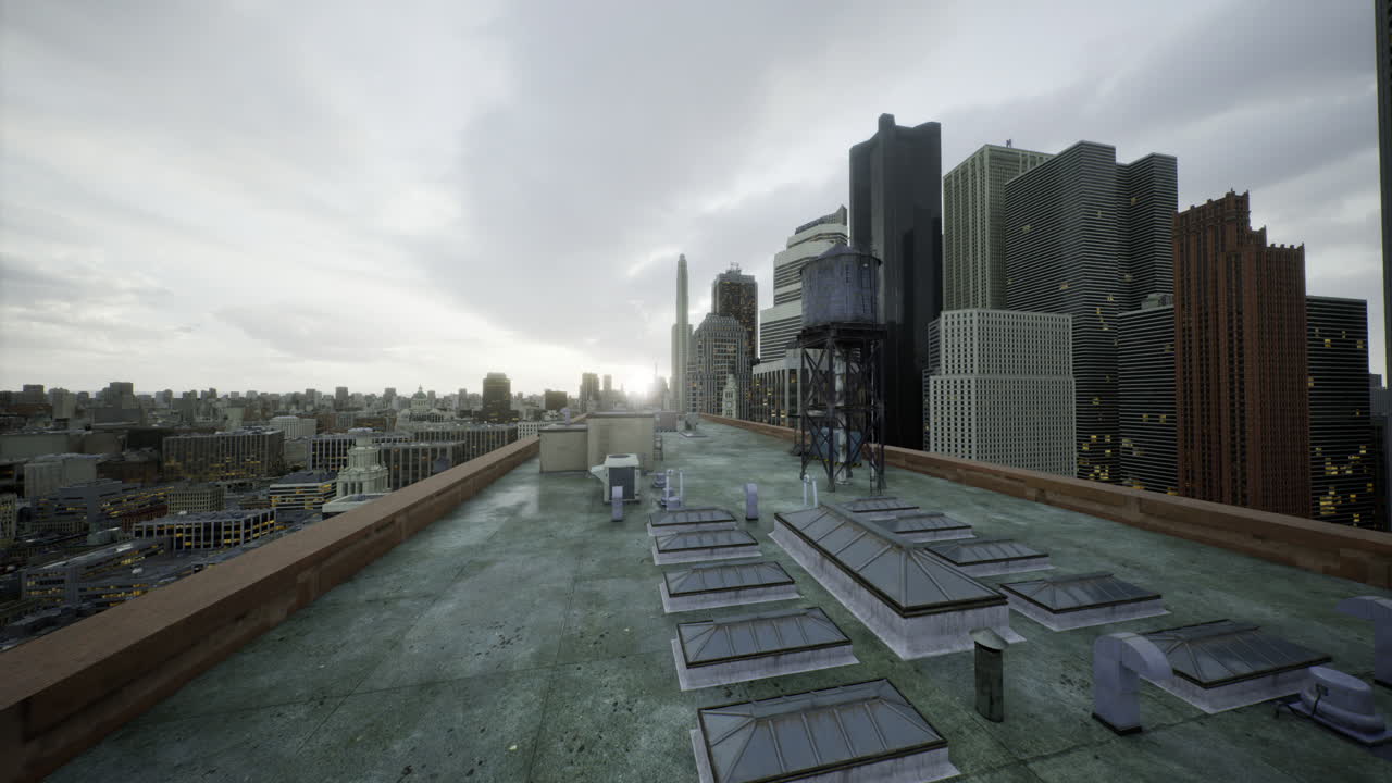 Rooftop view of city skyline at sunset with clouds and buildings