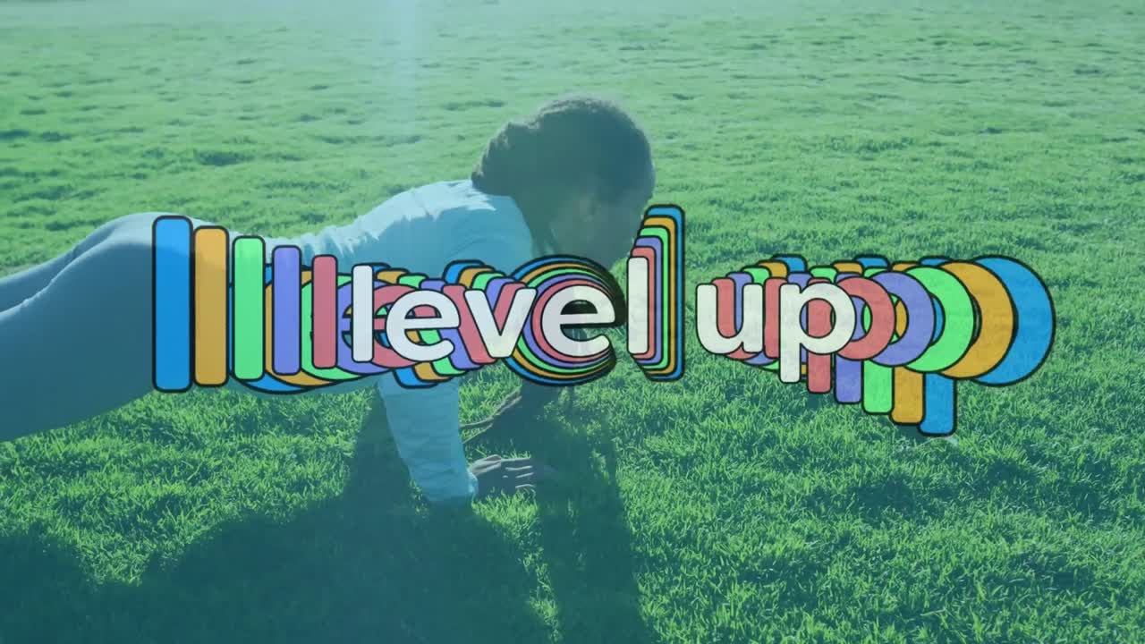 공원에서 운동을 하는 여자 위에 레벨 업 텍스트의 애니메이션