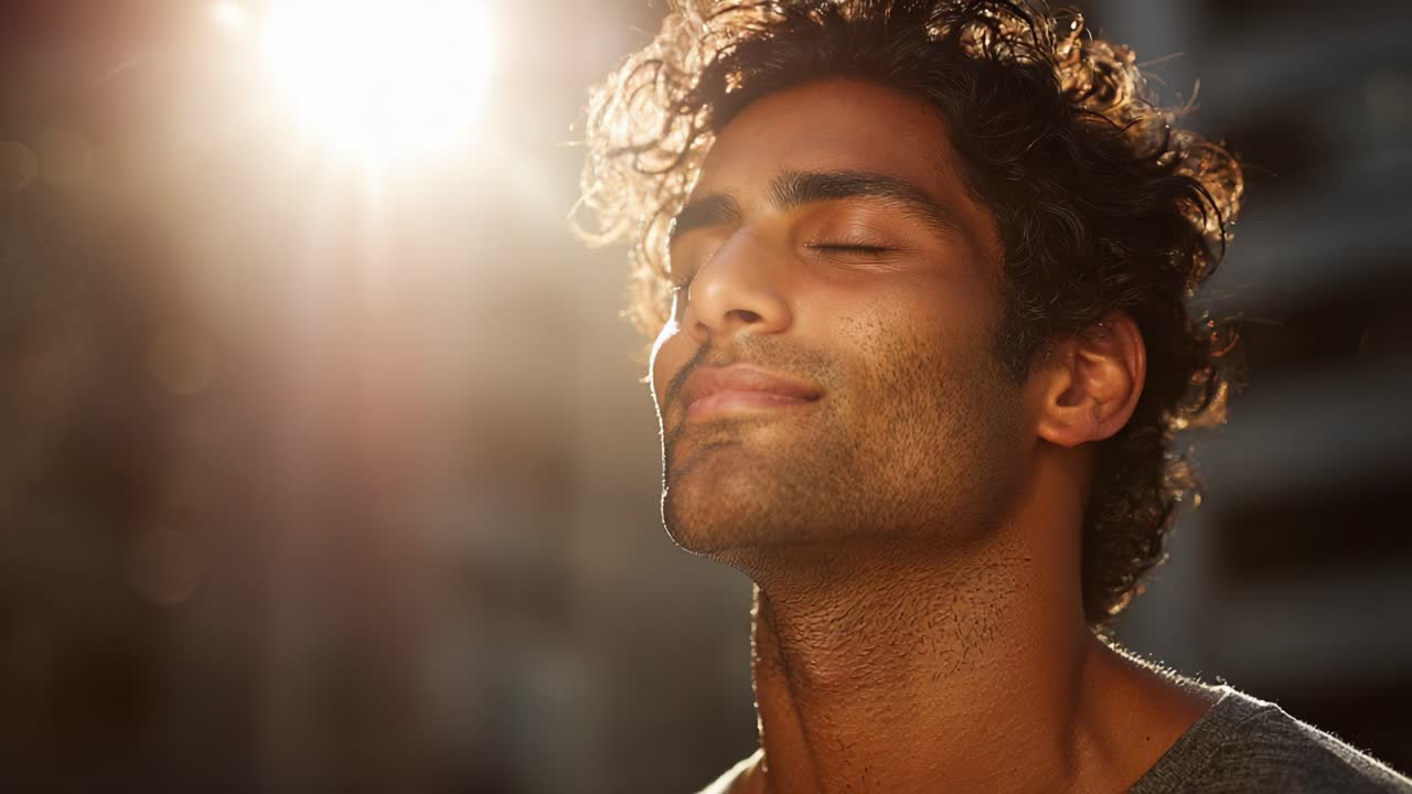 Un momento di beatitudine: un uomo che accoglie il calore del sole con un'espressione serena, catturando l'essenza di pace e contentezza in un ambiente grazioso