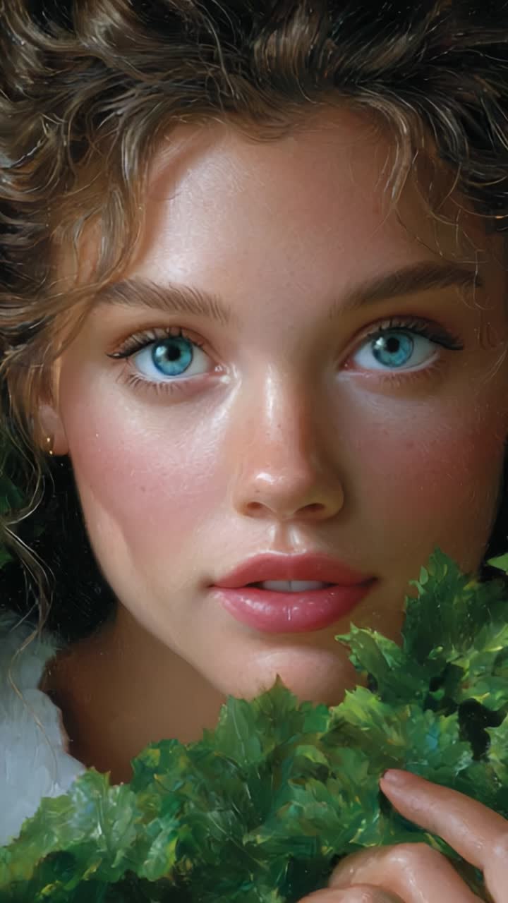Un primo piano di una giovane donna con luminosi occhi blu, incorniciati da rigogliose foglie verdi, che cattura l'essenza della bellezza naturale e dell'eleganza con una messa a fuoco morbida