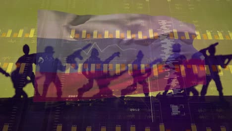 Animation-of-data-processing-over-flag-of-russia-and-toy-soldiers