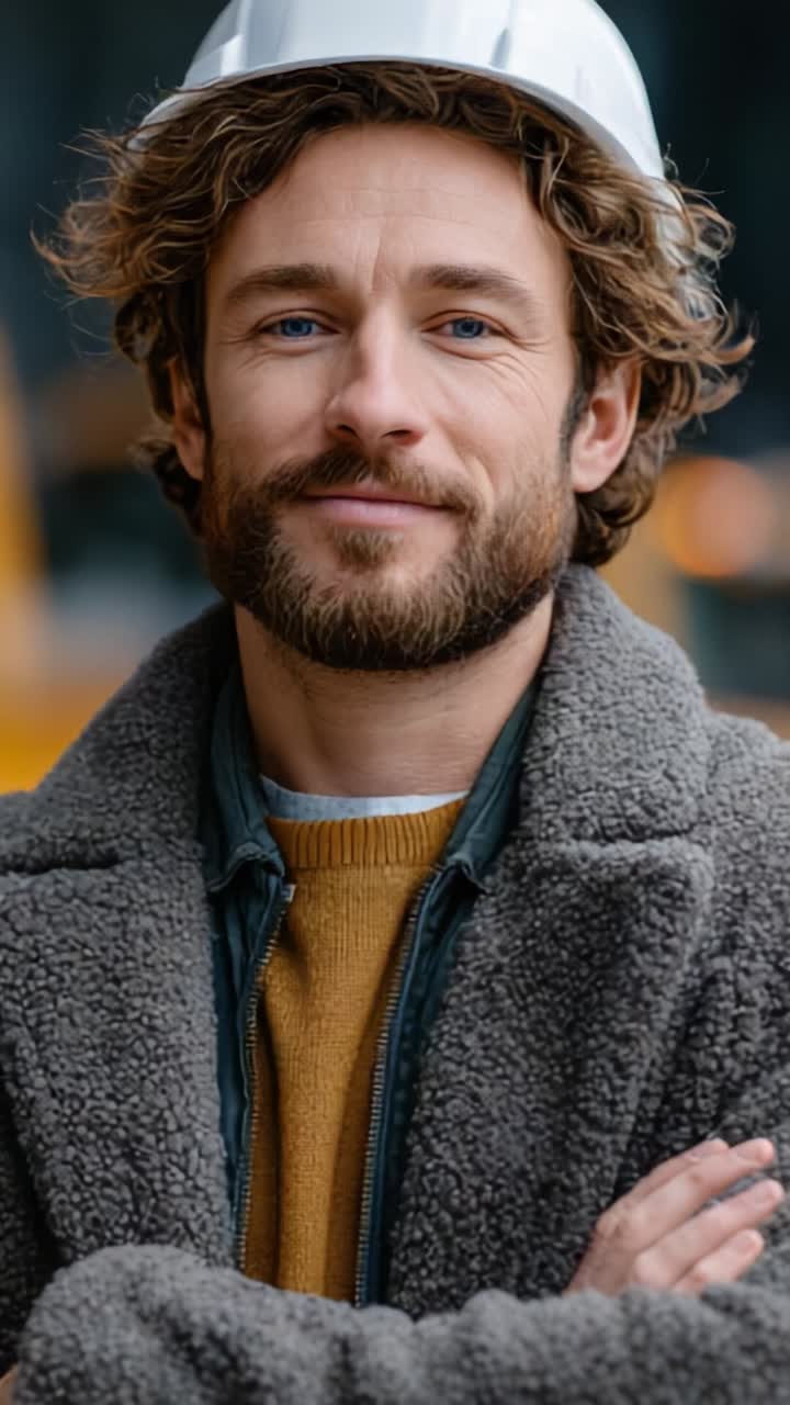 En selvsikker entreprenør med hat smiler varmt og viser en blanding af professionalisme og imødekommenhed, mens han poserer for et foto på en byggeplads.