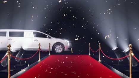 red carpet with limousine and confetti