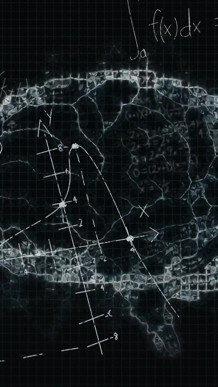 Animation of mathematical equations over digital model of human brain on black background