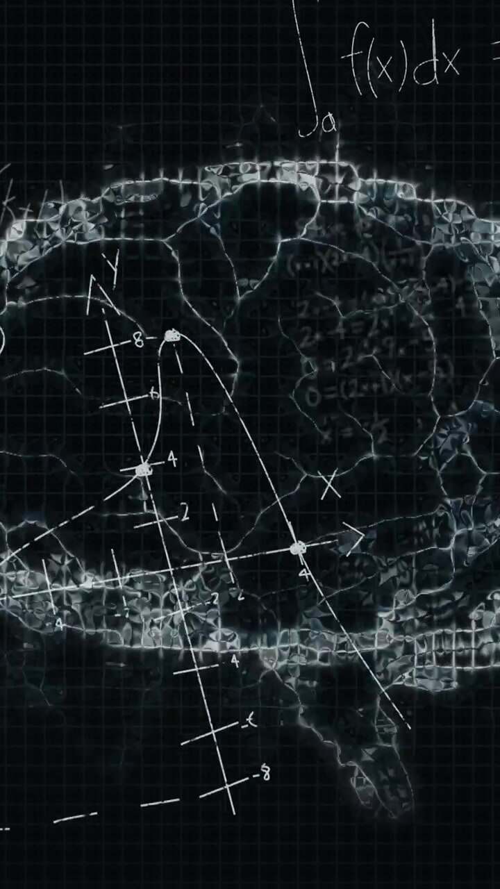 Animation of mathematical equations over digital model of human brain on black background
