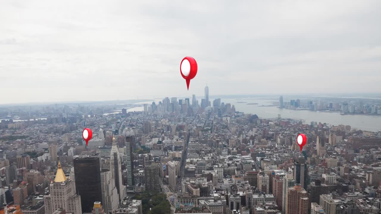 alfileres de ubicación y paisaje urbano