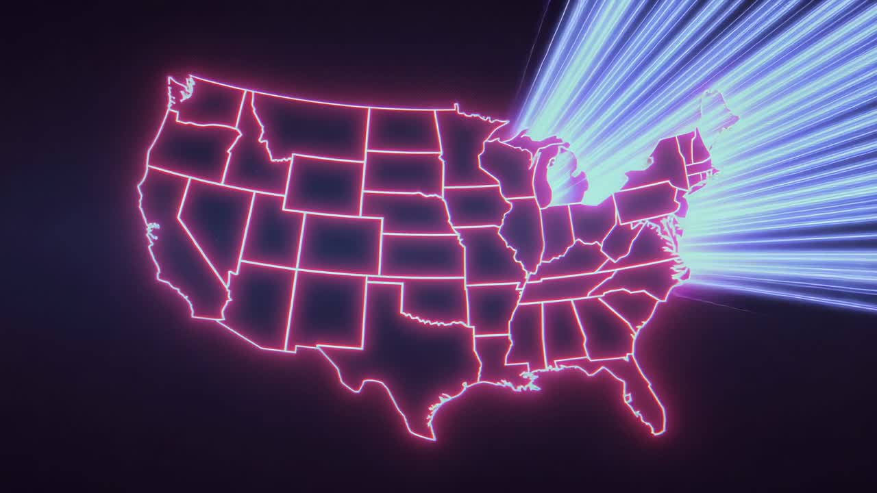 Glowing neon US map on dark backdrop, sending blue beams from Great Lakes illustrating data flow