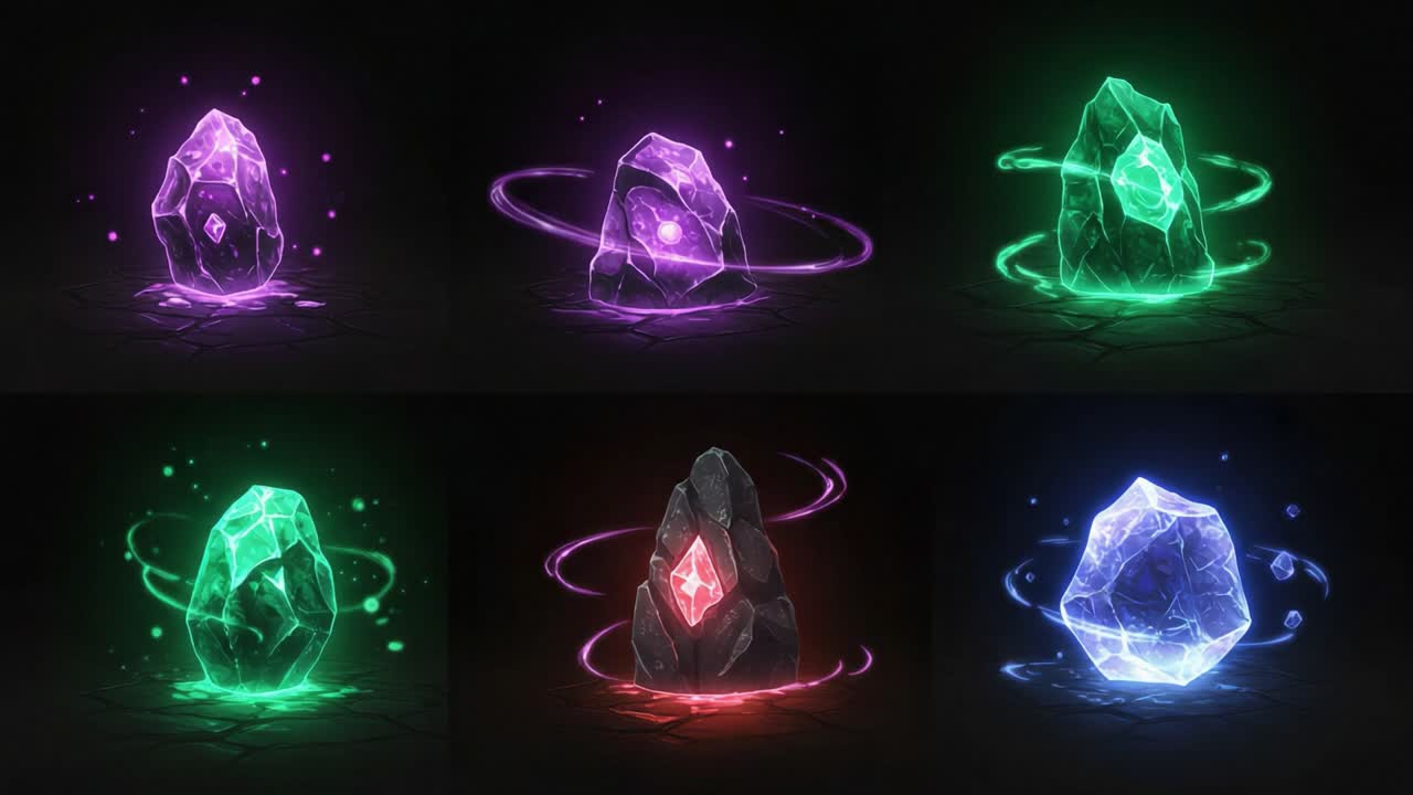 A Stunning Display of Mystical Crystals Radiating Ethereal Colors in a Dynamic Animation Sequence, Showcasing Their Unique Shapes and Magical Aura