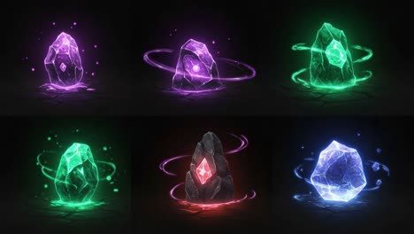 a stunning display of mystical crystals radiating ethereal colors in a dynamic animation sequence, showcasing their unique shapes and magical aura