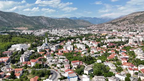 aerial drone view of mostar town city bosnia and herzegovina balkan country balkans old bridge neretva river stari most summer july