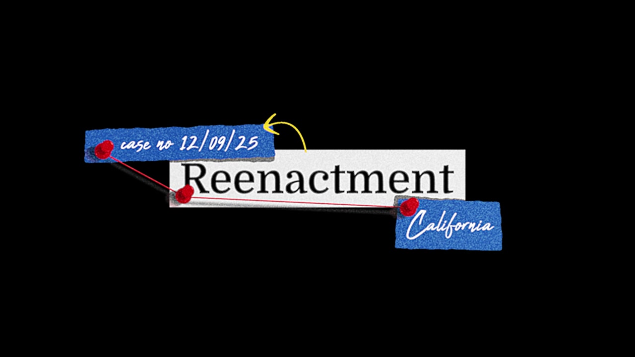Animeret titelkort for rekonstruktionen med sagsnummer og Californien