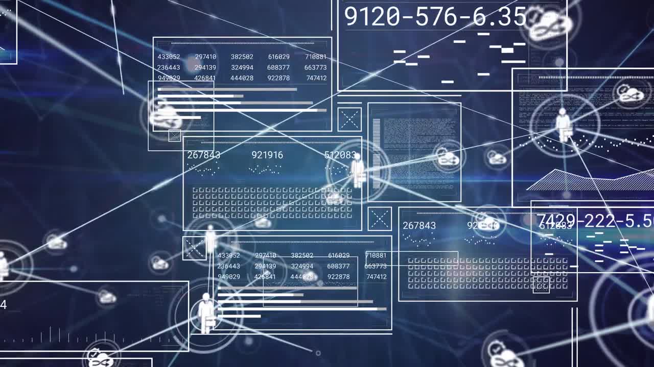 Animation of graphical interface with icons connecting with lines against digital displays with data