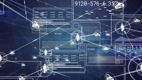 animation of graphical interface with icons connecting with lines against digital displays with data