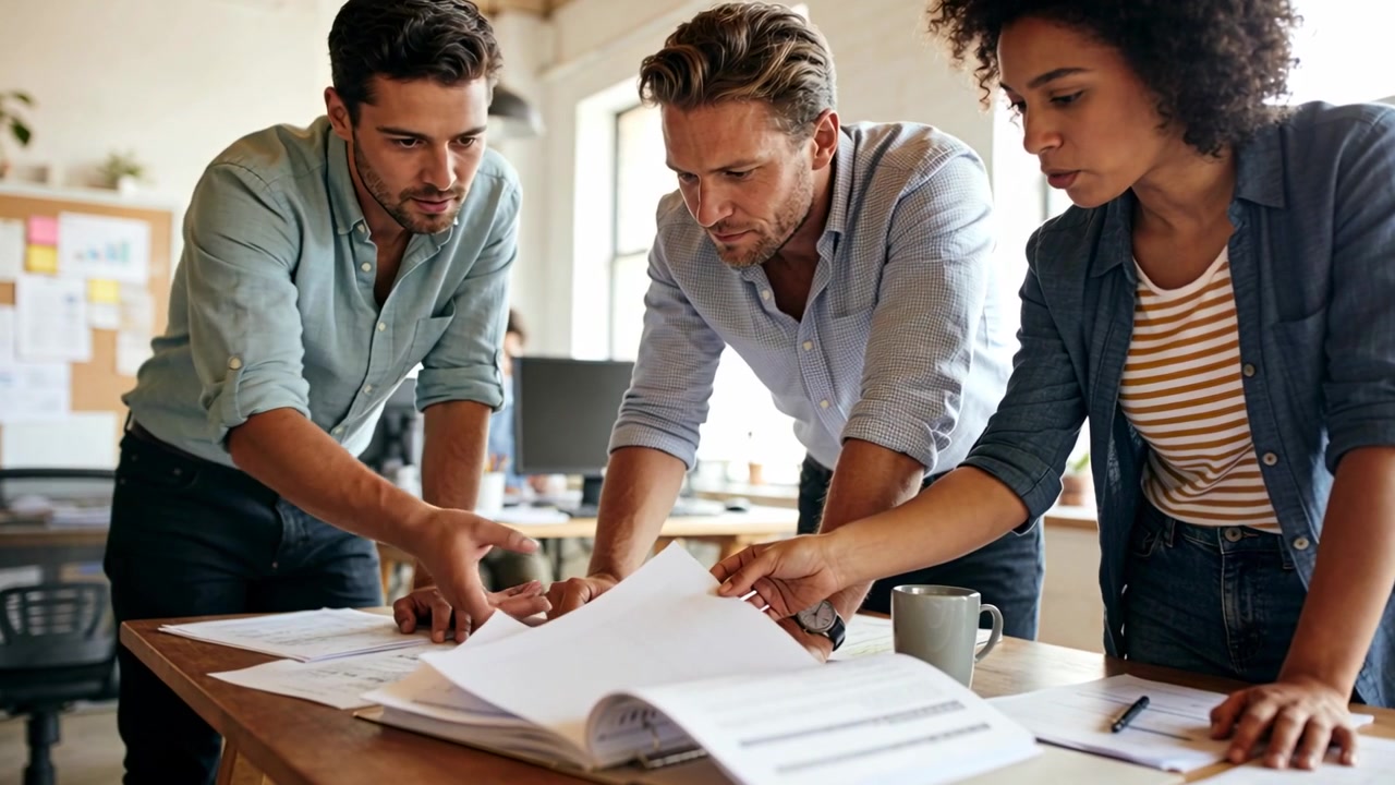 Opening large printed report, coworkers wearing casual business attire scanning pages for section