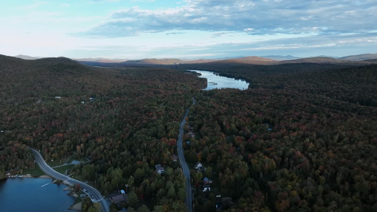 carretera rodeada de exuberantes bosques de otoño - toma aérea de un dron