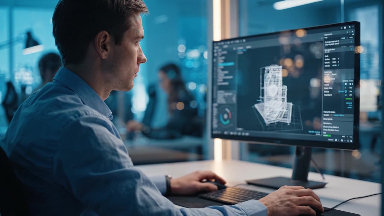 Innovative Architecture Design: A Professional Working on 3D Modeling of a House Using Advanced Software in a Modern Office Environment