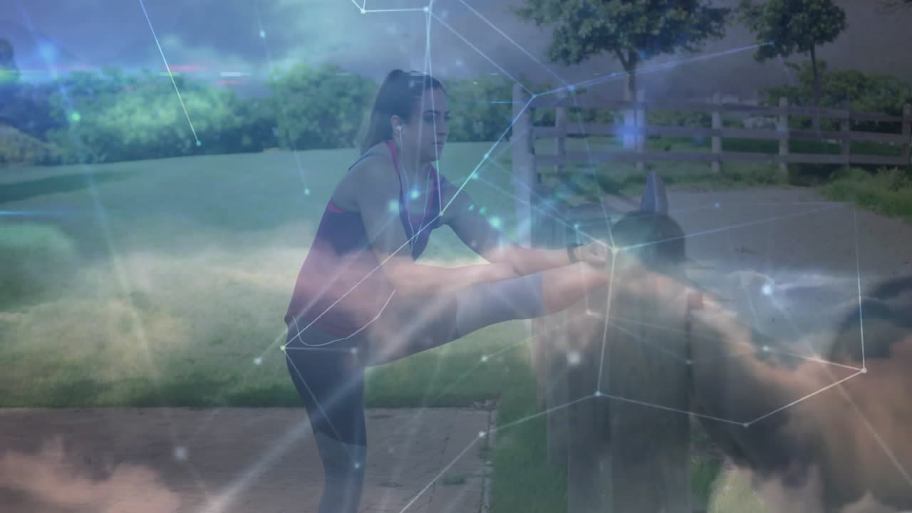 Athletic woman stretching on outdoor path, showing fitness tech data and cloud network overlay
