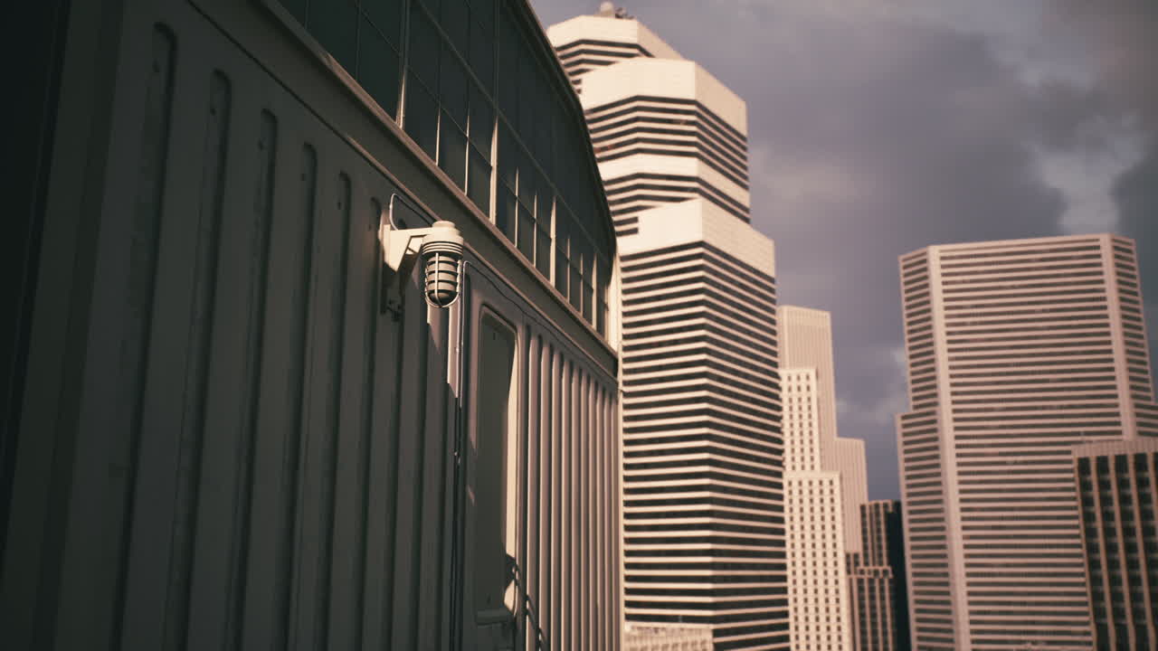Urban skyline view featuring modern architecture and surveillance camera
