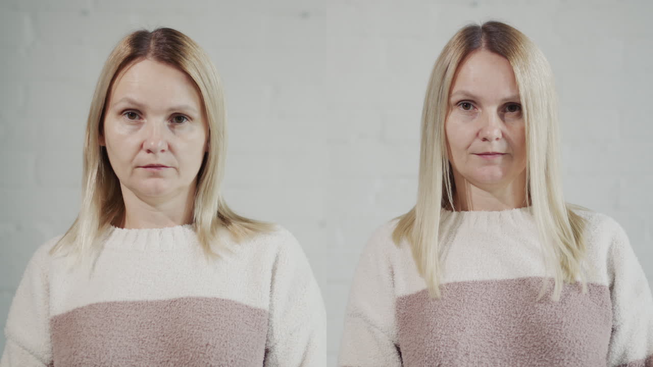 retrato de una mujer de mediana edad antes y después de las extensiones de cabello