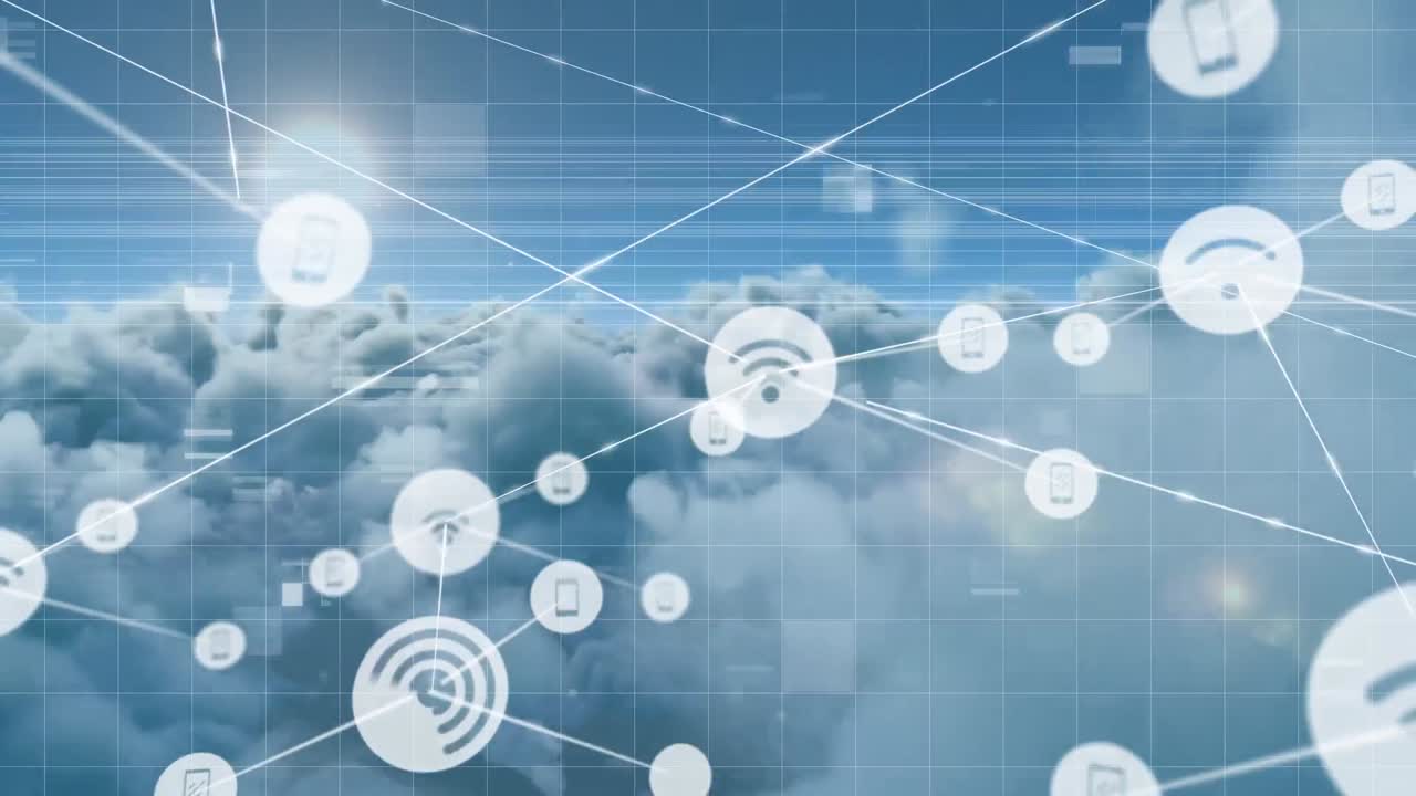 아이콘과 연결 네트워크의 애니메이션과 구름과 하늘 위의 간섭